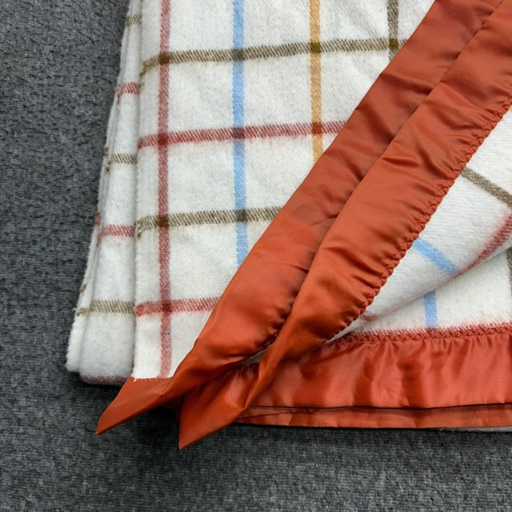 Vintage Plaid Acrylic Satin Trim Blanket Plaid MCM Retro Stevens‎ Utica 80x90